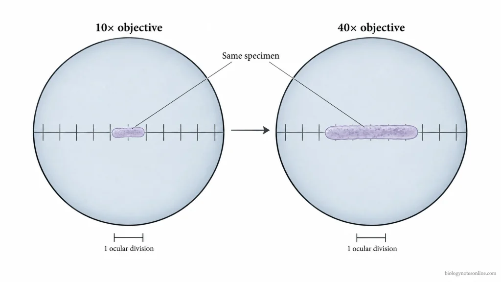 Comparison of the same specimen under 10× and 40× objectives, showing an unchanged ocular reticle and a larger specimen image at higher magnification.