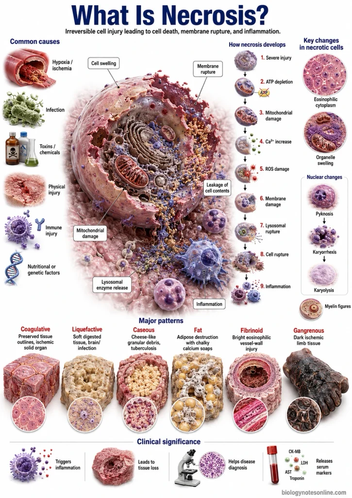 Infographic showing causes, mechanism, cellular changes and major patterns of necrosis