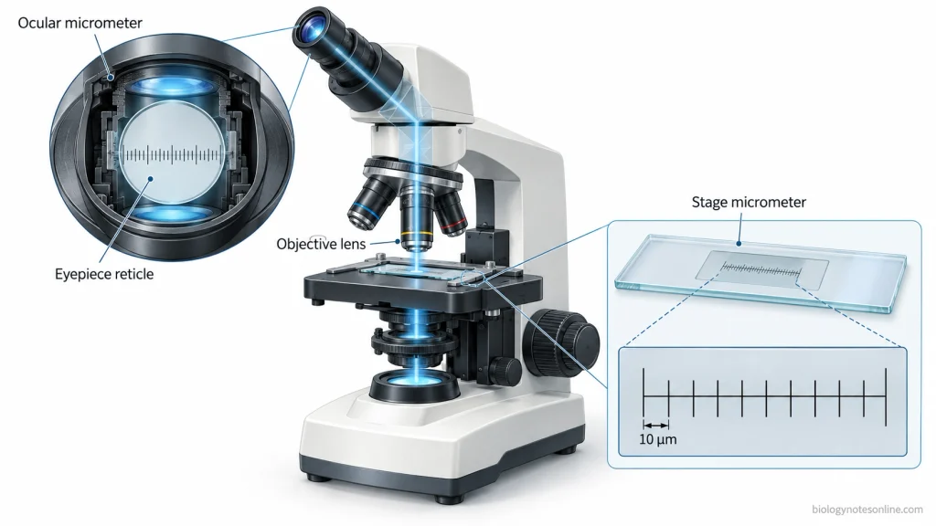Compound microscope showing the ocular micrometer inside the eyepiece and the graduated stage micrometer slide on the microscope stage.