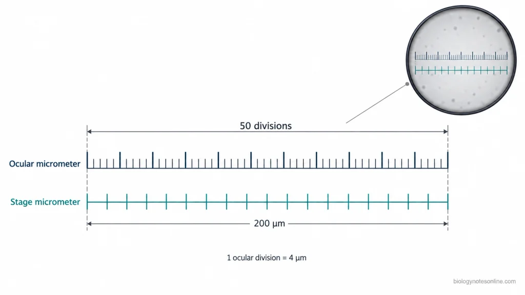 Aligned ocular and stage micrometer scales showing 50 ocular divisions corresponding to 20 stage divisions, a distance of 200 µm.