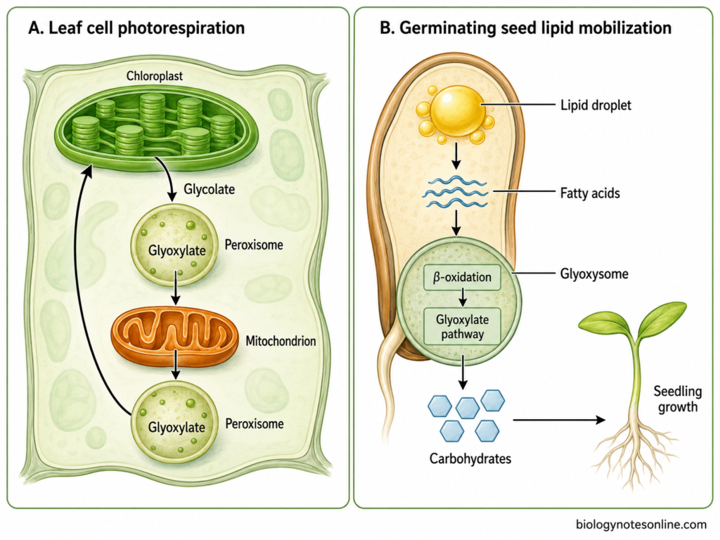 Plant microbody functions showing peroxisomes in photorespiration and glyoxysomes in lipid mobilization during seed germination