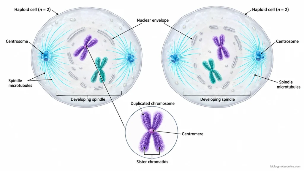 Prophase II: Definition, Events, Diagram and Differences 1 Two haploid animal cells during prophase II, each containing two duplicated chromosomes, a fragmenting nuclear envelope and a developing spindle.