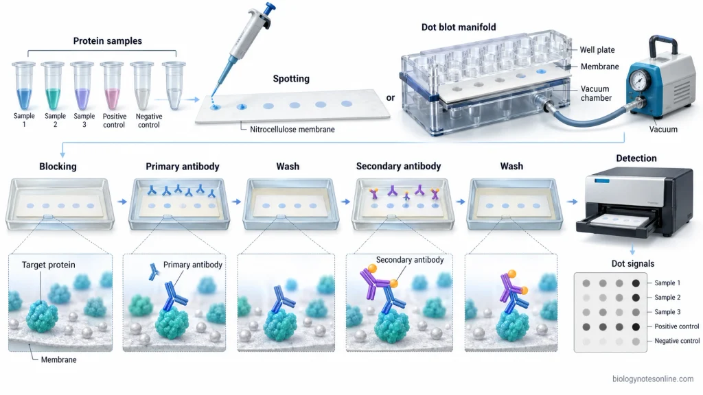 Protein dot blot workflow showing sample spotting on a membrane, blocking, primary and secondary antibody incubation, washing, and detection of circular spots.