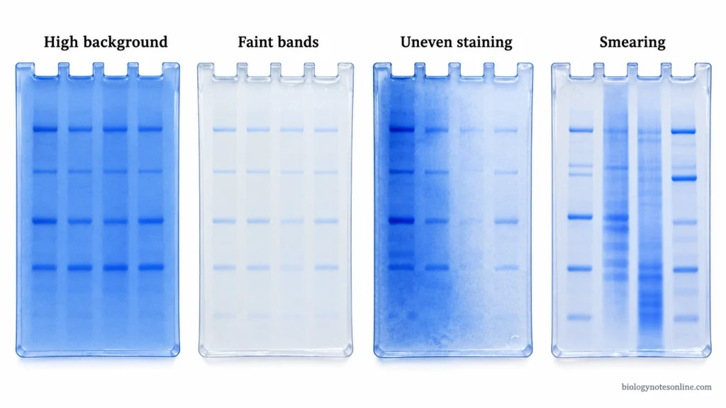 Four Coomassie-stained protein gels illustrating dark background, faint protein bands, uneven staining, and smeared electrophoresis lanes.