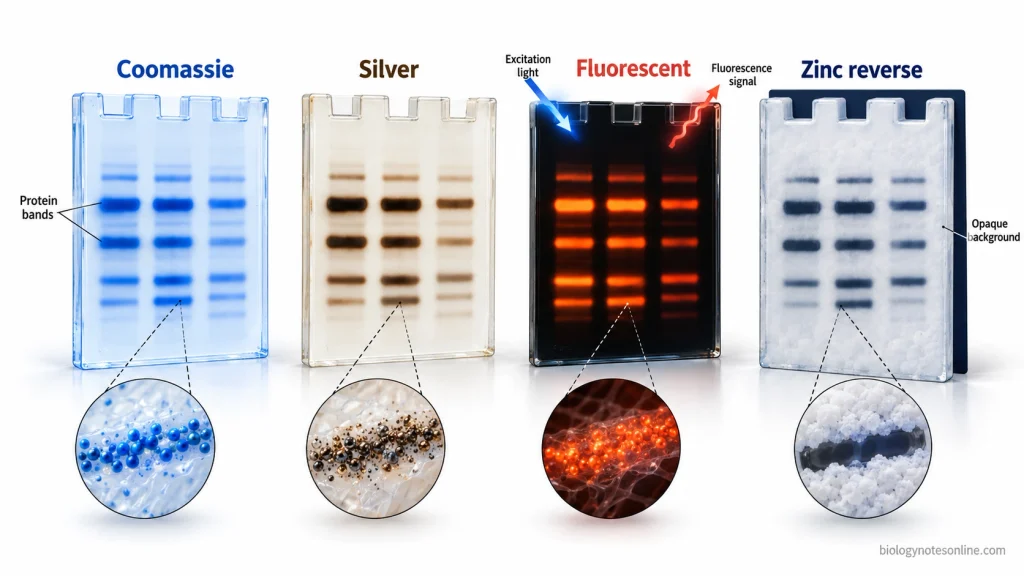 Comparison of Coomassie blue bands, dark silver-stained bands, fluorescent protein bands, and transparent bands within a zinc-stained opaque gel.