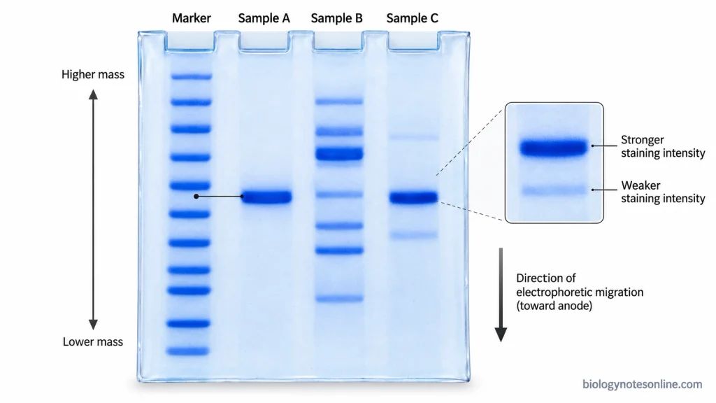 Coomassie-stained SDS-PAGE gel with a molecular-weight marker and three sample lanes showing different protein band numbers, positions, and intensities.