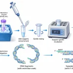 Laboratory workflow showing DNA, restriction enzyme and buffer preparation, incubation, optional cleanup and analysis by agarose gel electrophoresis.