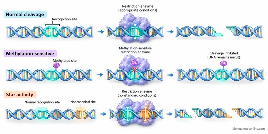 Comparison of normal restriction enzyme cleavage, inhibited cleavage at a methylated DNA site, and star activity producing an additional noncanonical DNA cut.