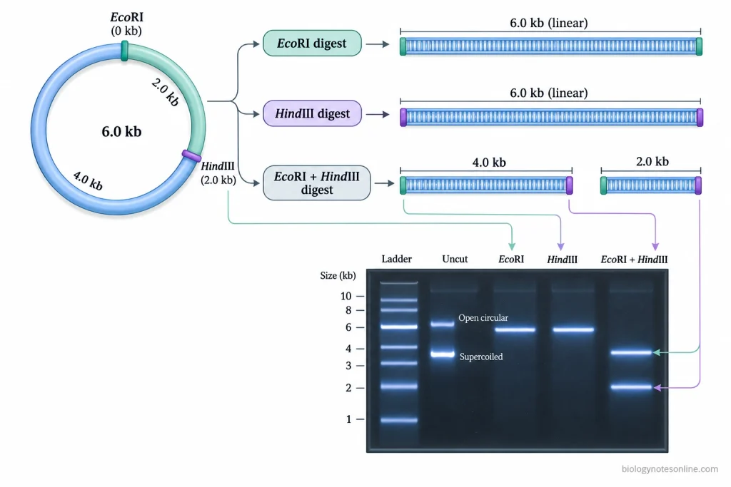 Restriction map of a 6 kb plasmid with EcoRI and HindIII sites, showing 6 kb single-digest bands and 4 kb and 2 kb double-digest bands on an agarose gel.