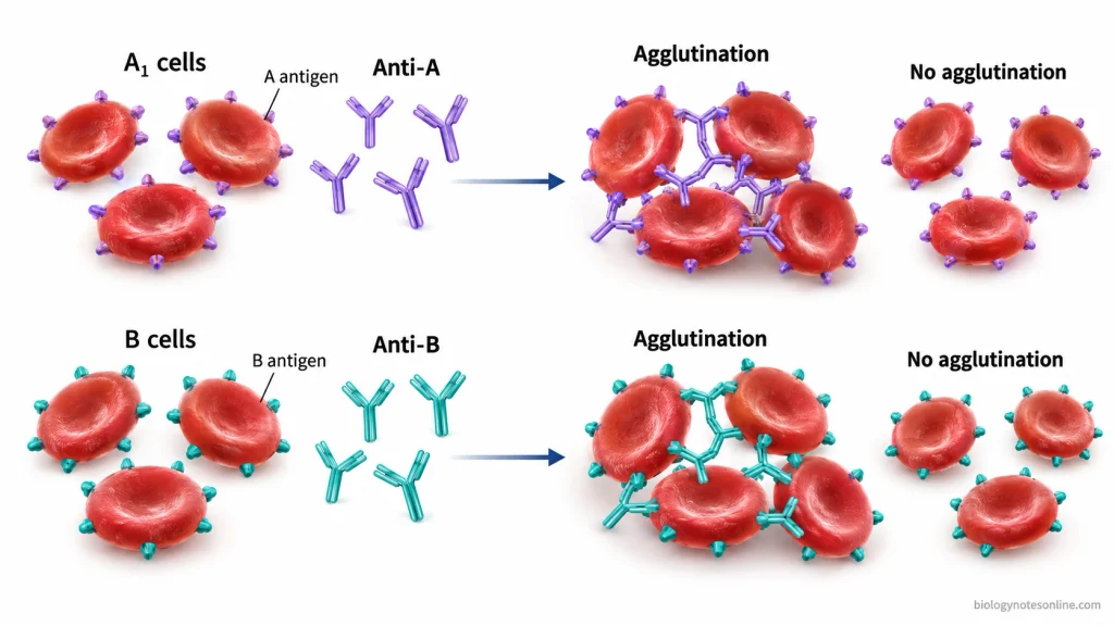 Scientific diagram showing anti-A antibodies binding to A₁ red blood cells and anti-B antibodies binding to B red blood cells, producing agglutination.