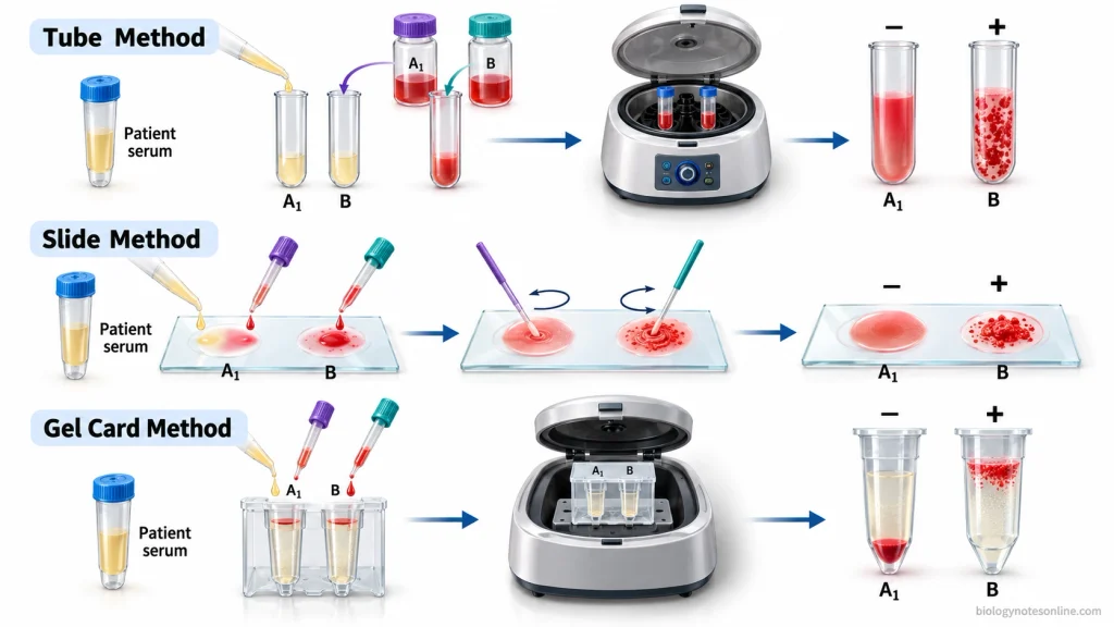 Three laboratory workflows showing reverse blood grouping by tube, slide and gel card methods, with A₁-negative and B-positive reactions for an illustrative group A serum sample.