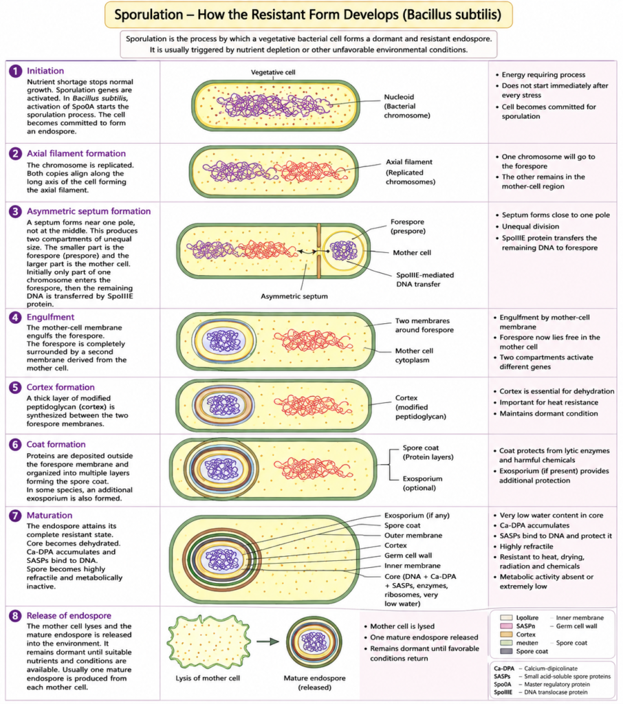 Endospore - Structure, Sporulation, Germination and Examples 5 schematic diagram showing Sporulation – How the Resistant Form Develops