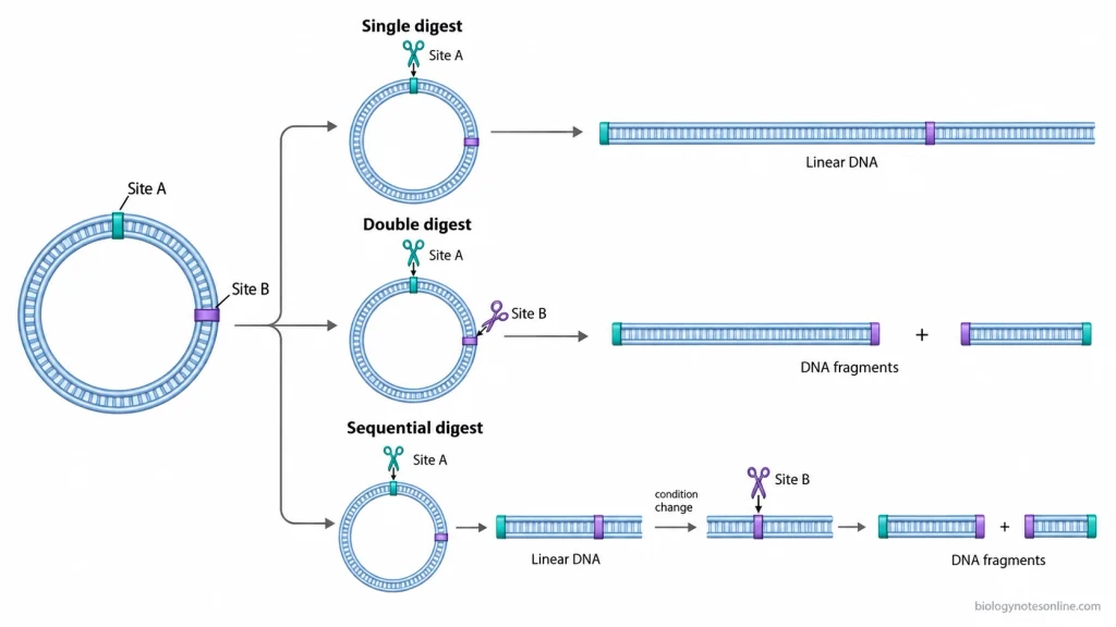 Circular plasmid undergoing single digestion to form one linear DNA molecule, and double or sequential digestion to form two fragments.