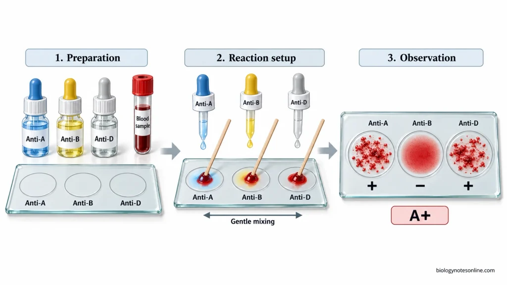 Three stages of the slide blood grouping method showing separately labelled anti-A, anti-B, and anti-D reactions, sample mixing, and an A-positive agglutination pattern.