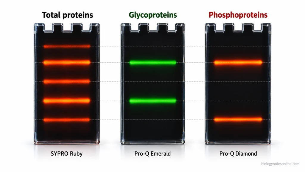 Three aligned fluorescence gel readouts showing all protein bands, a subset positive for glycoprotein staining, and a different subset positive for phosphoprotein staining.
