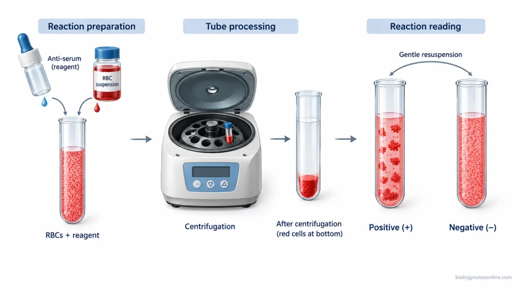 Conventional blood grouping tube procedure showing red-cell reagent mixing, centrifugation, gentle resuspension, and positive versus negative agglutination results.
