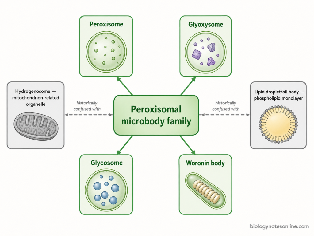 Classification of microbodies showing peroxisomes, glyoxysomes, glycosomes and Woronin bodies and distinguishing hydrogenosomes and lipid droplets