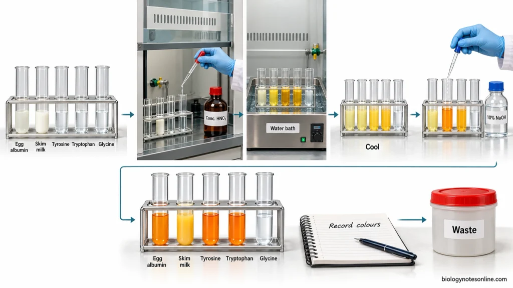 Sequence of the xanthoproteic test showing five sample tubes, nitric acid addition, water-bath heating, cooling, sodium hydroxide addition, and color observation.