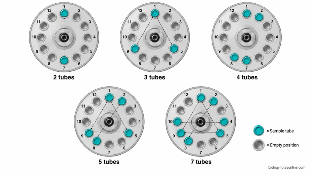Five numbered 12-position centrifuge rotors showing geometrically balanced placement of 2, 3, 4, 5, and 7 sample tubes using opposing pairs and equally spaced groups.