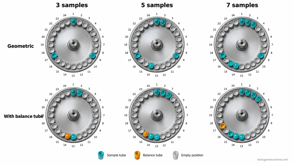 Six 24-position centrifuge rotor diagrams comparing balanced arrangements of 3, 5, and 7 samples with corresponding arrangements using one amber balance tube.