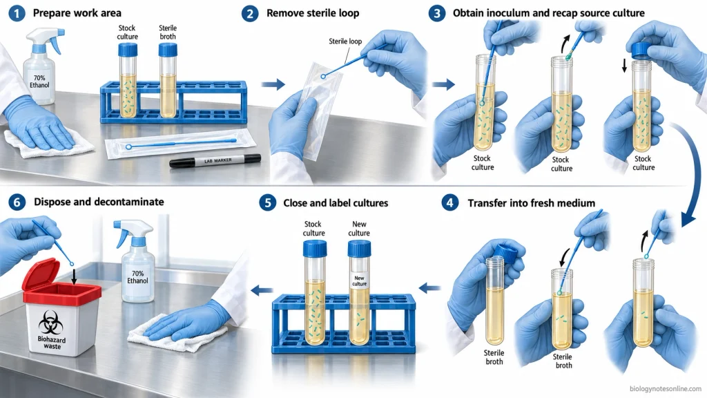 Step-by-step aseptic culture transfer workflow showing bench preparation, sterile loop handling, inoculum collection from stock culture, transfer to fresh nutrient broth, tube closure, and waste disposal.