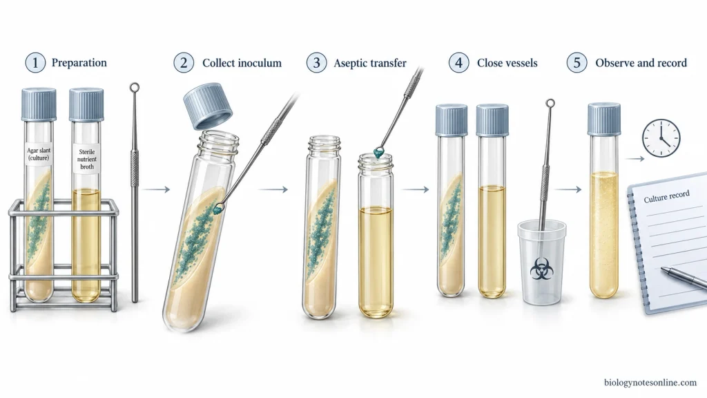 Sequential microbiological subculturing workflow showing preparation, inoculum collection from an agar slant, transfer into sterile broth, closure, and growth observation.