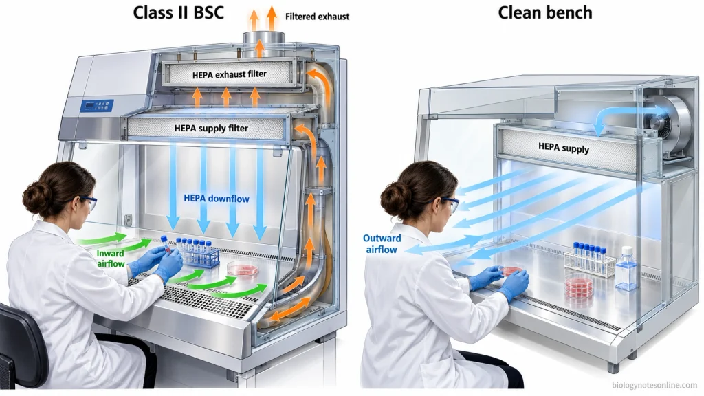 Cutaway comparison showing inward airflow, HEPA-filtered downflow, and filtered exhaust in a Class II biological safety cabinet versus rear-to-front airflow exiting toward the operator from a horizontal clean bench.
