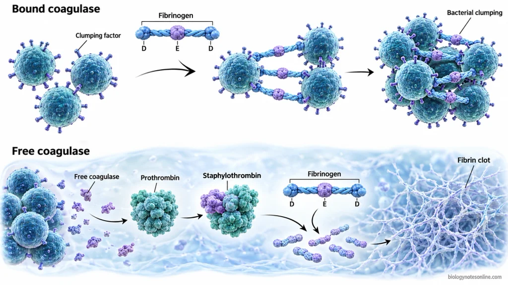 Comparison of bound coagulase causing fibrinogen-mediated bacterial clumping and free coagulase forming a fibrin clot through prothrombin activation.