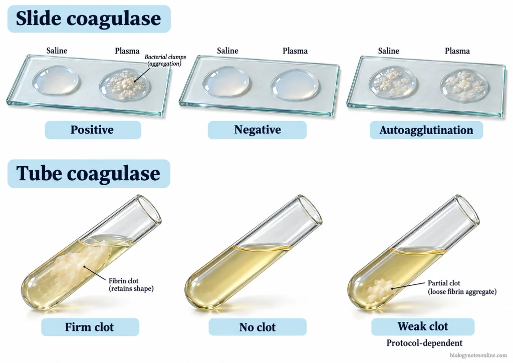 Slide coagulase reactions showing plasma clumping, smooth suspensions, and autoagglutination, compared with tube reactions showing firm, absent, and partial clots.