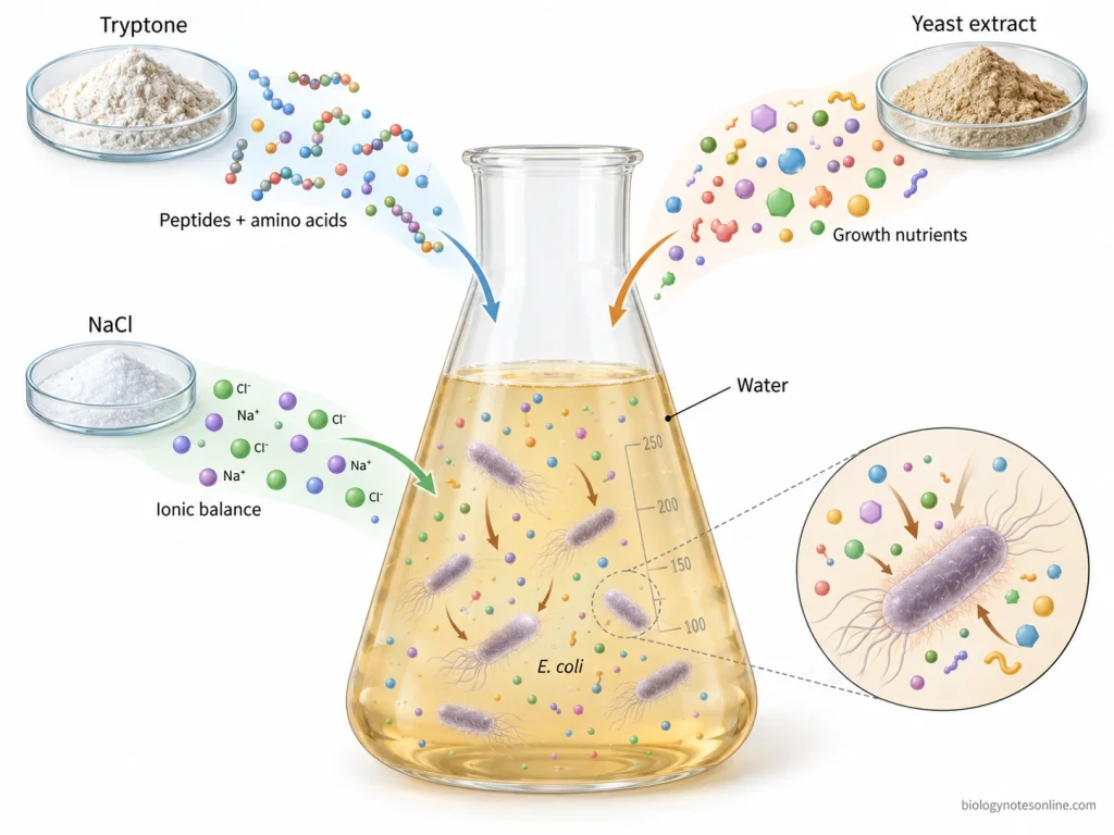 Lysogeny broth composition showing tryptone supplying peptides and amino acids, yeast extract supplying complex nutrients, and NaCl supporting ionic conditions for bacterial growth.