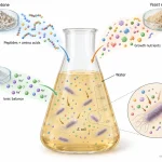 Lysogeny broth composition showing tryptone supplying peptides and amino acids, yeast extract supplying complex nutrients, and NaCl supporting ionic conditions for bacterial growth.
