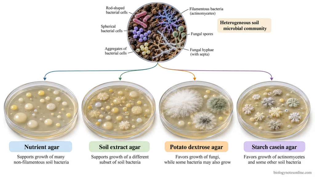 Four illustrative agar plates showing different microbial colony appearances on nutrient agar, soil extract agar, potato dextrose agar, and starch casein agar.