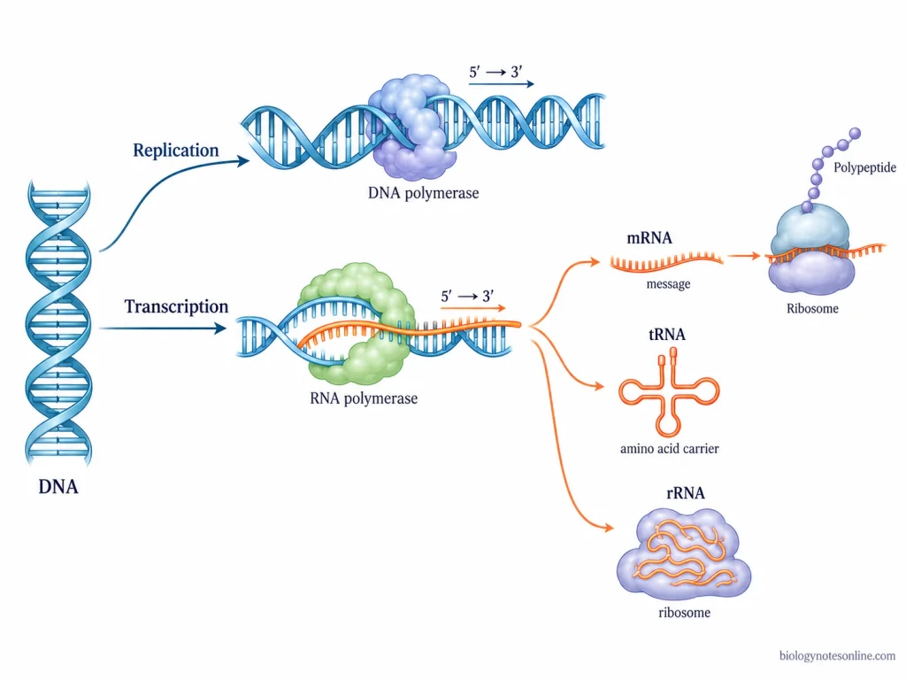 DNA shown undergoing replication and transcription, with RNA polymerase producing RNA that branches into representative mRNA, tRNA, and rRNA functions.