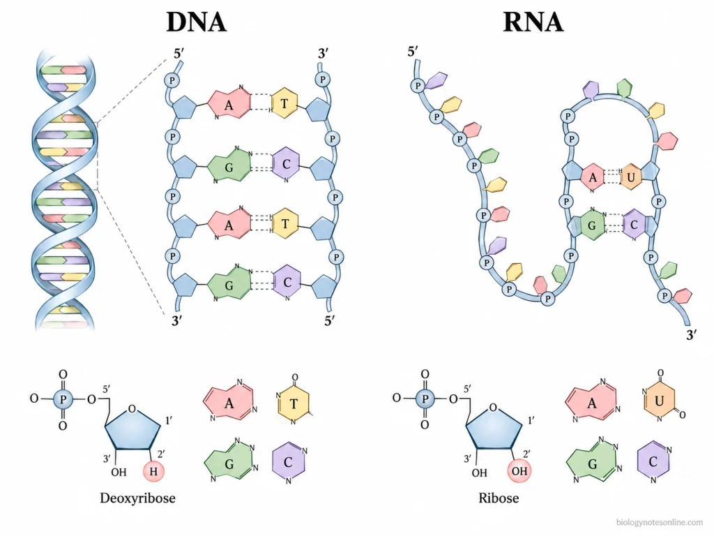 Comparison of double-stranded DNA and folded single-stranded RNA showing deoxyribose versus ribose, thymine versus uracil, and complementary base pairing.