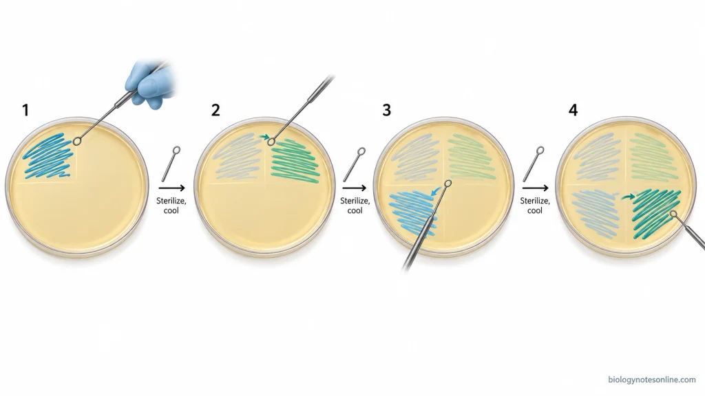 Four sequential Petri dish diagrams showing quadrant streaking from the first to fourth region, with loop sterilization between transfers.