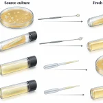 Four culture transfer types showing solid-to-solid, solid-to-liquid, liquid-to-solid, and liquid-to-liquid subculturing using agar and broth.