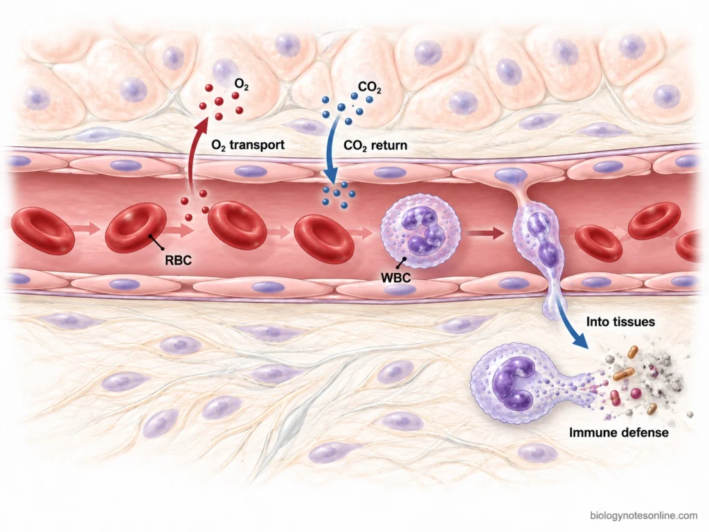RBC vs WBC - Differences in Structure, Function, Count, and Lifespan 3 RBCs remaining inside a blood vessel while transporting oxygen and carbon dioxide, compared with a WBC crossing the vessel wall into tissue for immune defense.