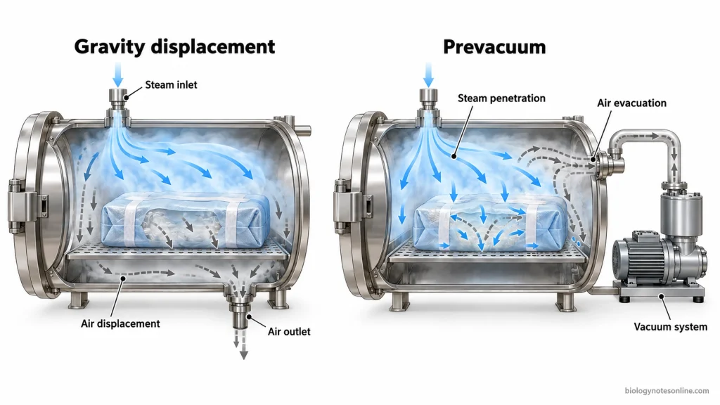 Two autoclave cutaways comparing downward air displacement by incoming steam with vacuum-assisted air removal before steam penetration.
