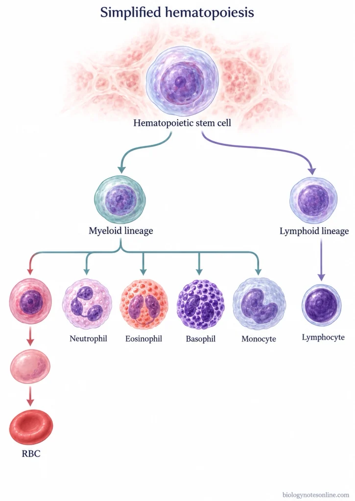 RBC vs WBC - Differences in Structure, Function, Count, and Lifespan 4 Simplified hematopoiesis showing a common hematopoietic stem cell branching into the RBC lineage and the major white blood cell lineages.