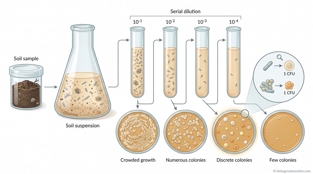 Serial dilution of a soil suspension followed by agar plates showing crowded growth, discrete microbial colonies, and sparse growth.