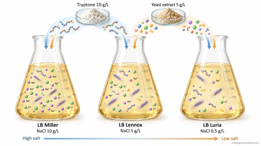 Comparison of LB Miller, Lennox, and Luria broth showing identical tryptone and yeast extract concentrations but 10, 5, and 0.5 g/L NaCl respectively.