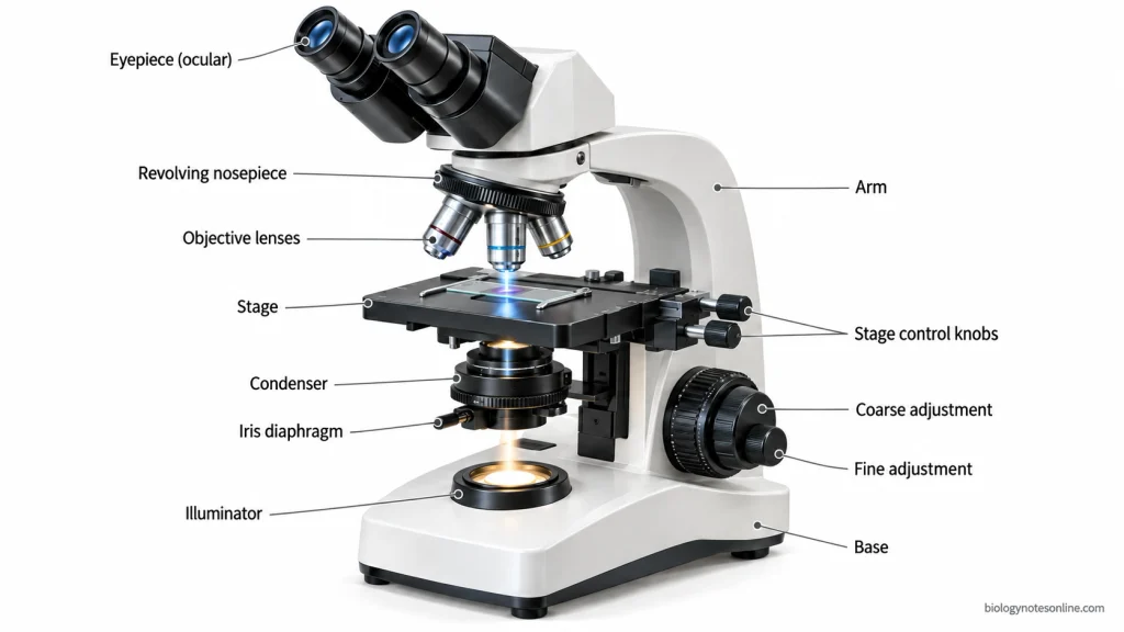 Labeled compound light microscope showing the eyepieces, objective lenses, revolving nosepiece, stage, focusing knobs, condenser, iris diaphragm, illuminator, arm, and base.