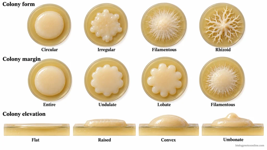 Microbial colony morphology reference showing circular, irregular, filamentous and rhizoid forms; entire, undulate, lobate and filamentous margins; and flat, raised, convex and umbonate elevations.