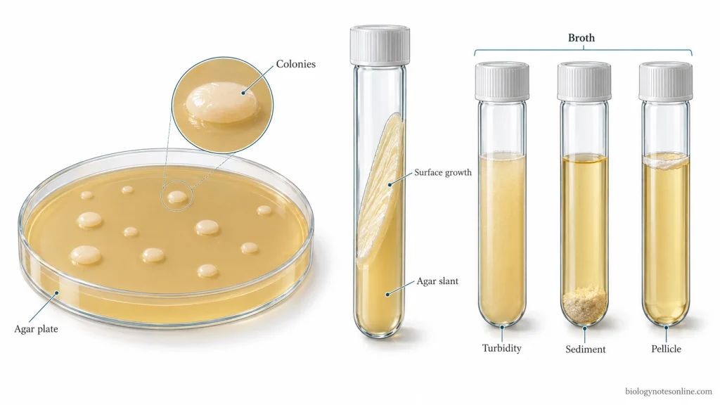 Microbial growth on an agar plate and agar slant compared with broth cultures showing turbidity, bottom sediment, and a surface pellicle.