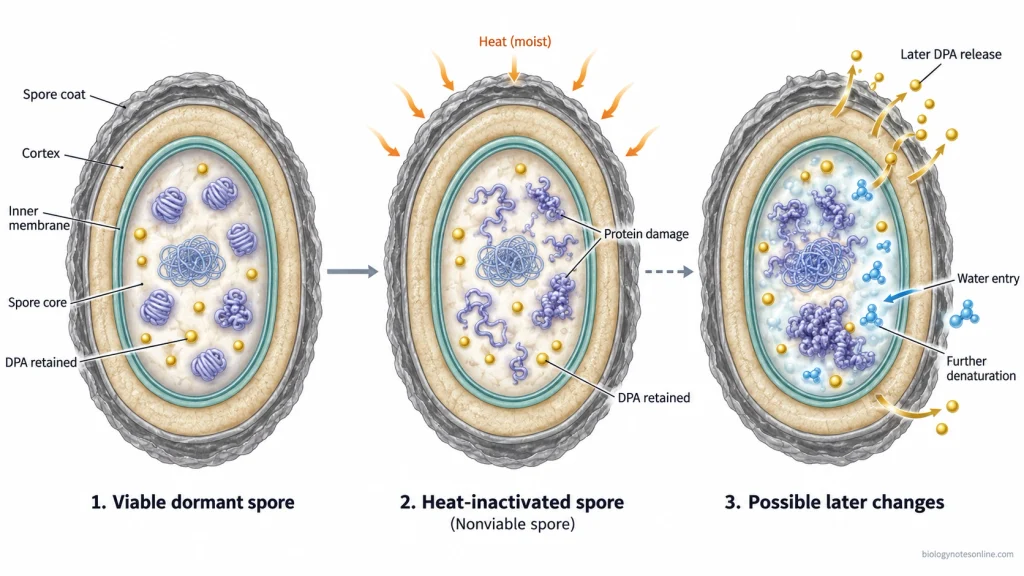 Three bacterial endospore cross-sections showing an intact spore, lethal protein damage with retained DPA, and possible later DPA release with water entry.
