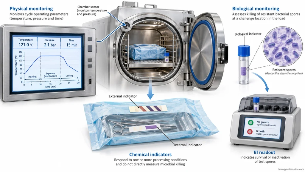 Steam sterilization monitoring showing temperature, pressure and time records, external and internal chemical indicator strips, and a bacterial spore test vial.