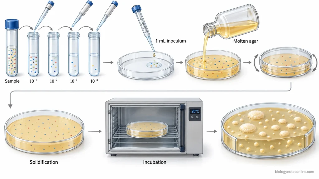 Sequential pour plate procedure showing serial dilution, sample pipetting into an empty Petri dish, addition of molten agar, gentle mixing, solidification, incubation, and colony formation.