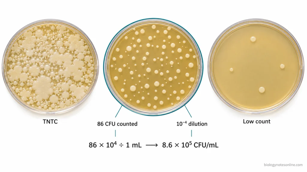 Three pour plates illustrating overcrowded, countable, and low colony growth, with an example calculating 86 colonies from a 10⁻⁴ dilution plated at 1 mL as 8.6 × 10⁵ CFU/mL.