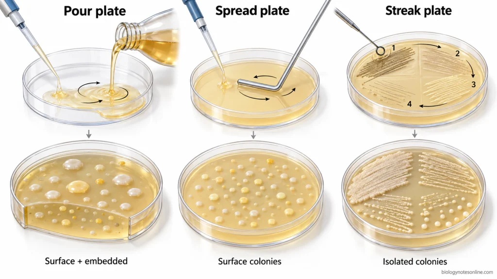 Comparison of pour plating with colonies on and within agar, spread plating with surface colonies, and streak plating with decreasing growth density leading to isolated colonies.