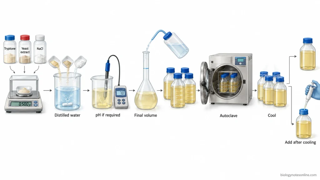 Laboratory workflow for preparing LB broth by measuring ingredients, dissolving them in water, adjusting pH if required, making final volume, autoclaving, cooling, and adding heat-sensitive supplements afterward.